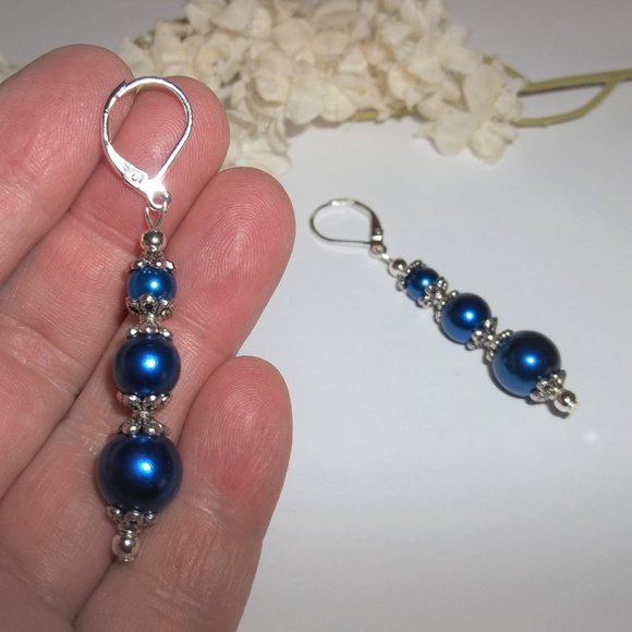 Blue Earrings, Blue Pearl Earrings, Blue and Silver Earrings, Earrings, NWT A757 - Picture 7 of 9
